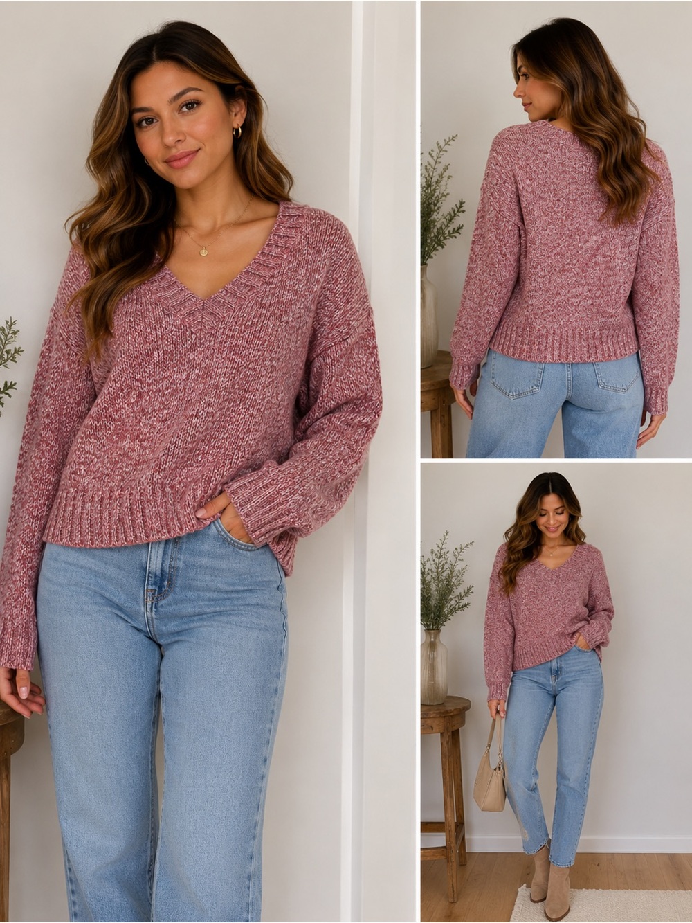 CAbi Dusty Rose Marled V-Neck Sweater
